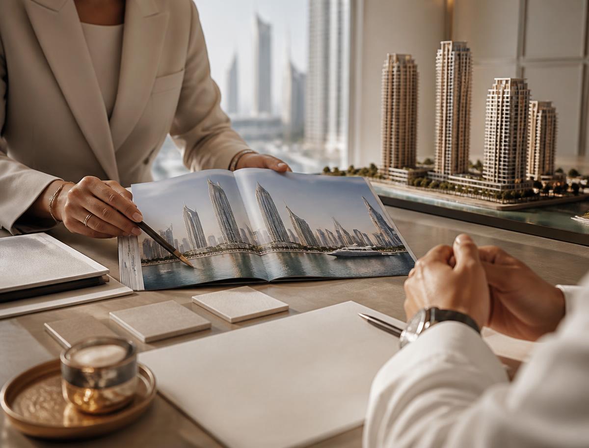 Advisor presenting a Dubai property brochure and tower model to an investor
