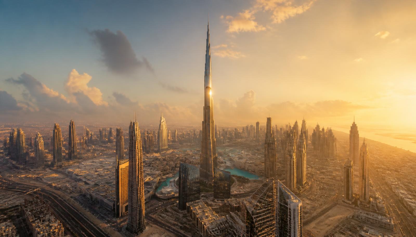 Dubai skyline with Burj Khalifa at golden hour