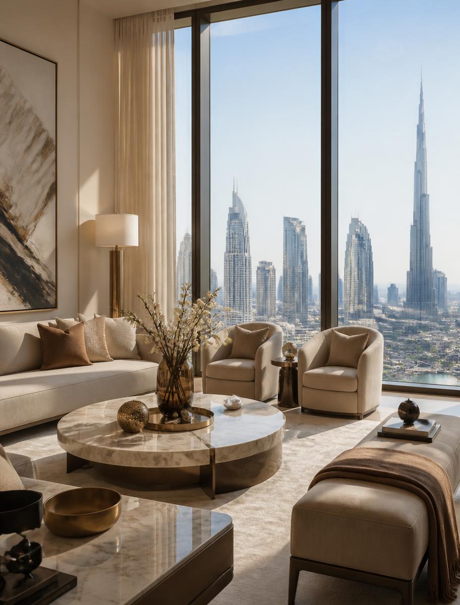 Luxury apartment interior with Dubai skyline views
