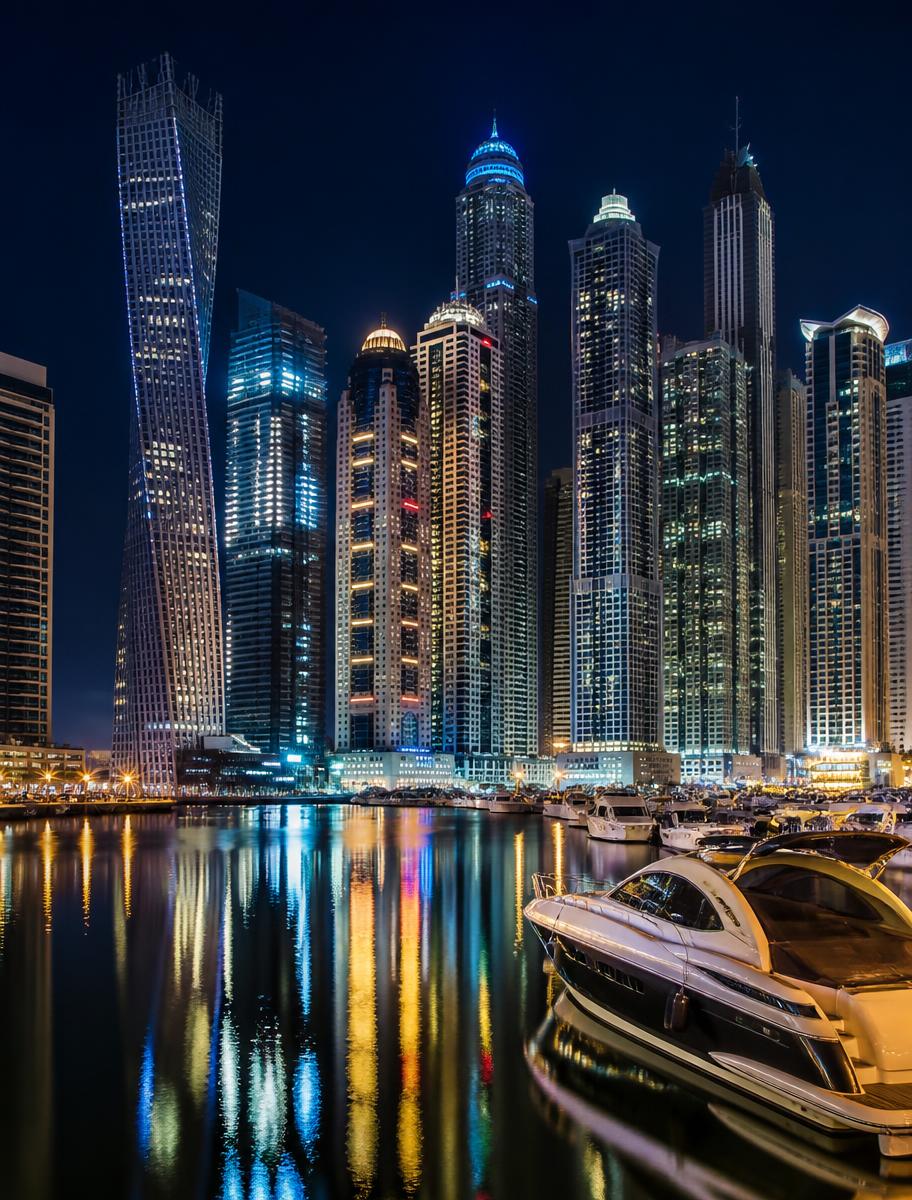 Dubai Marina skyline and yachts at night