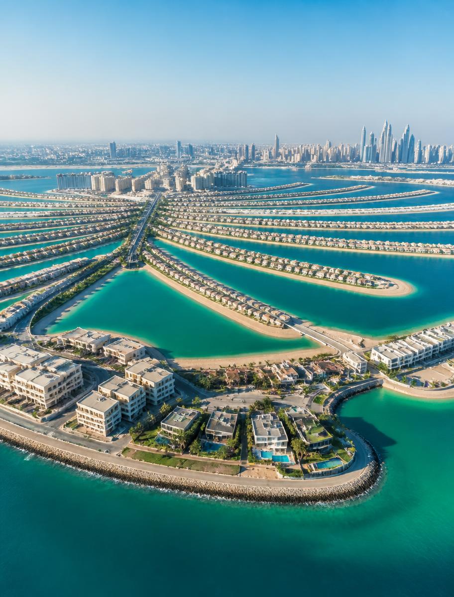 Aerial view of Palm Jumeirah villas and turquoise sea
