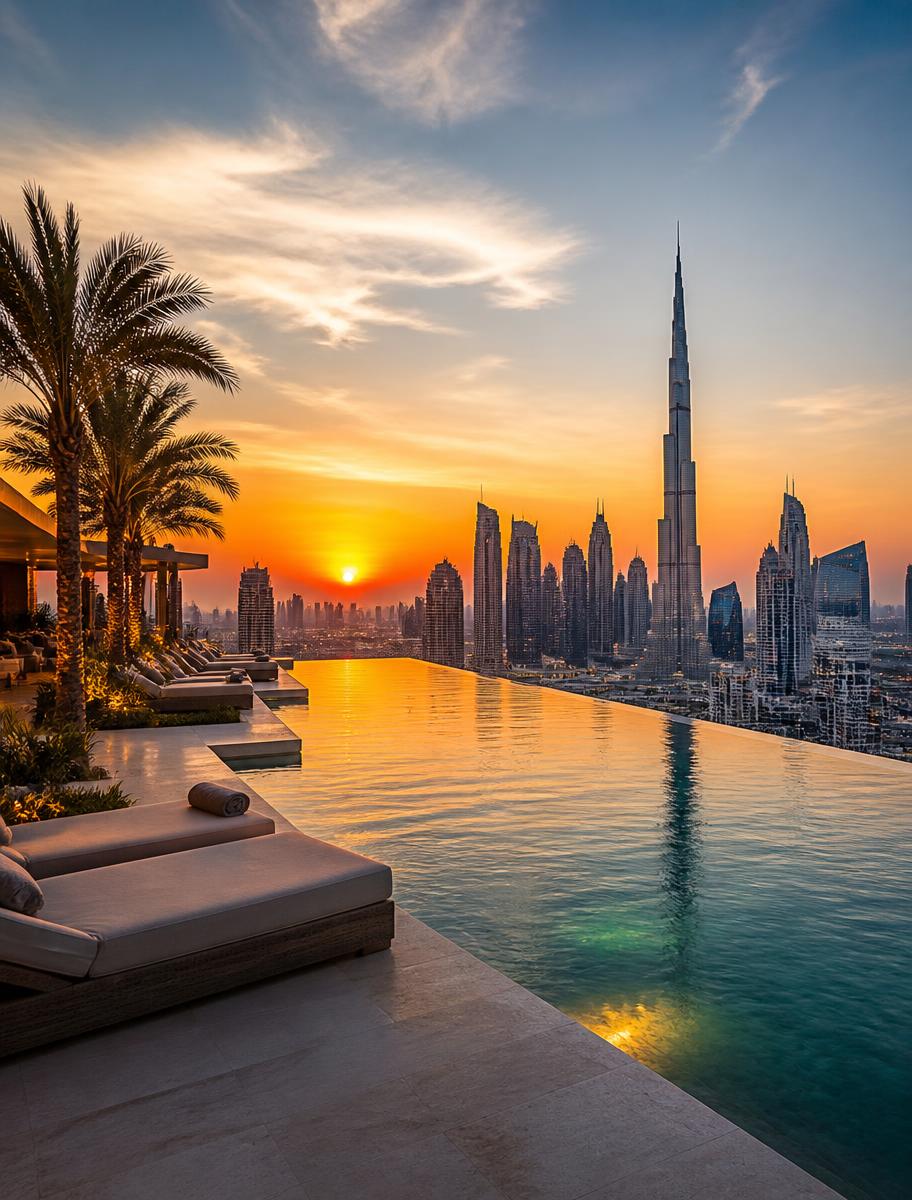 Rooftop infinity pool overlooking Dubai at sunset