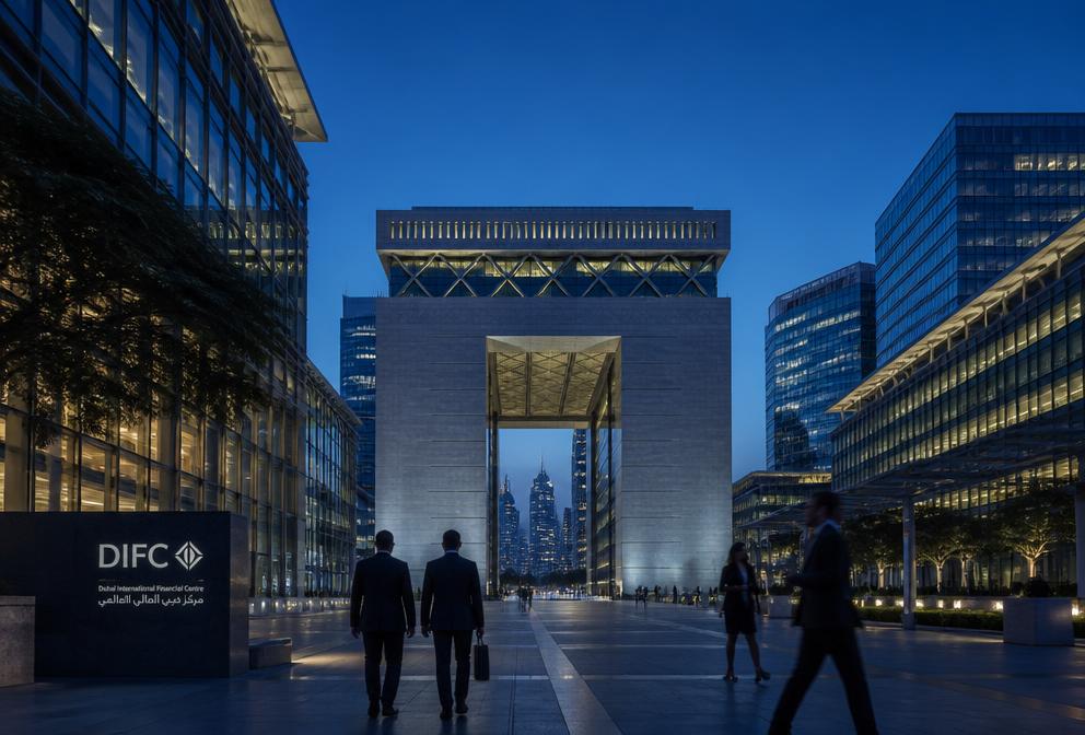 Dubai International Financial Centre business district at blue hour