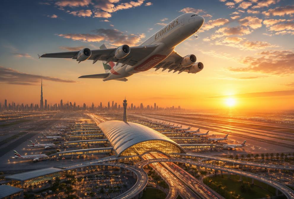Airplane flying over Dubai airport terminal at sunrise