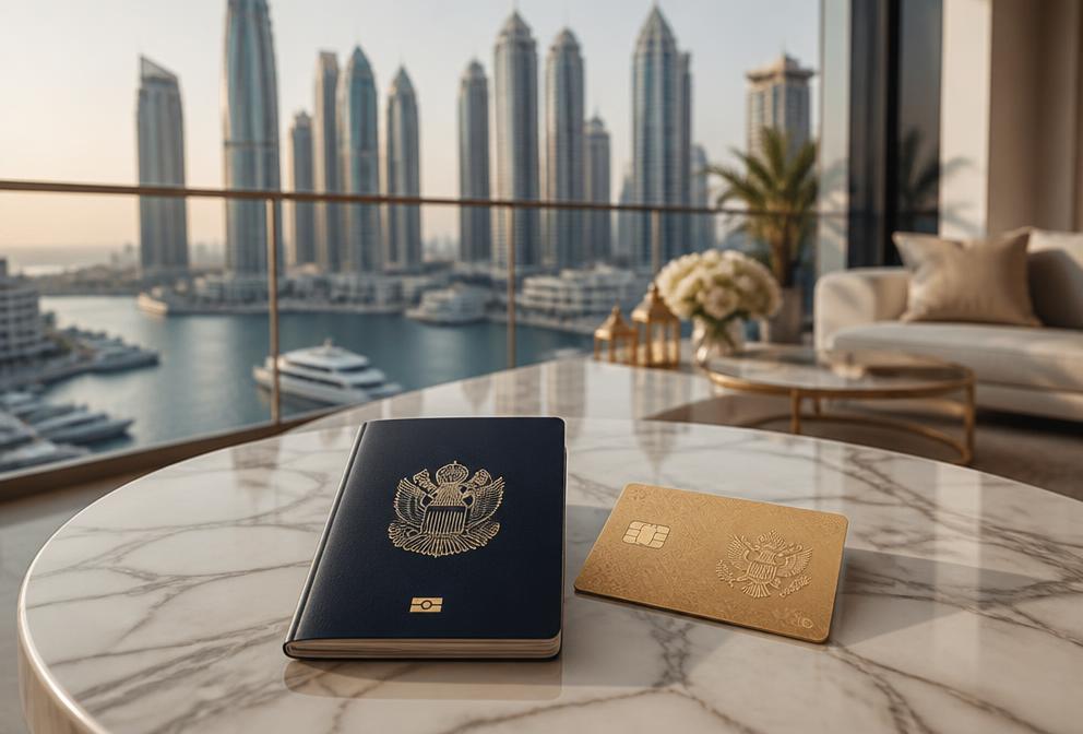 Passport and golden visa card with Dubai marina view