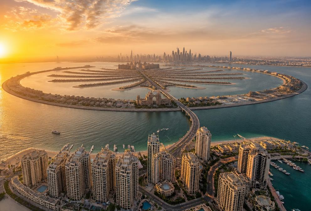 Aerial view of Palm Jumeirah and Dubai coastline at golden hour