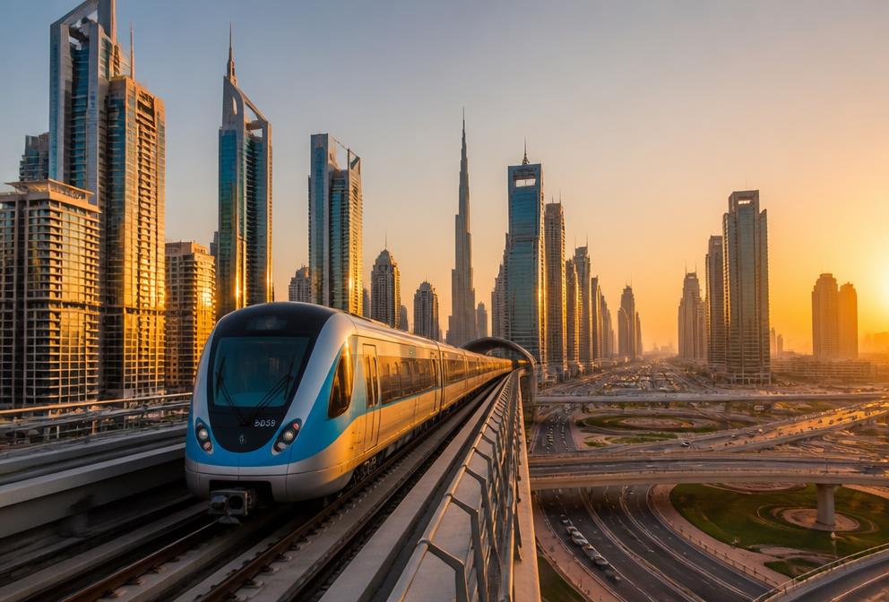 Dubai metro train on elevated track between skyscrapers