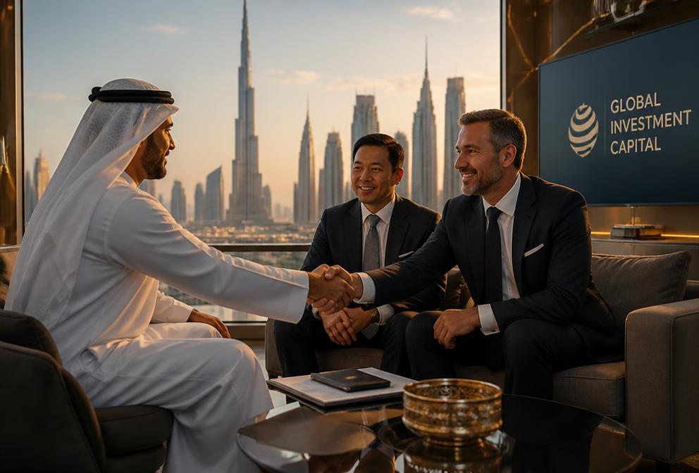 International investors meeting in a Dubai office with skyline view