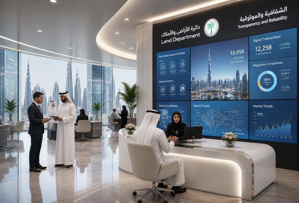 Modern Dubai Land Department office with property market data screens