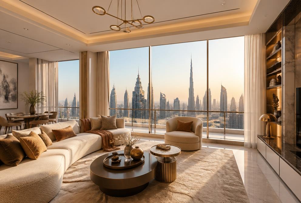 Luxury Dubai apartment interior with skyline view generating rental income