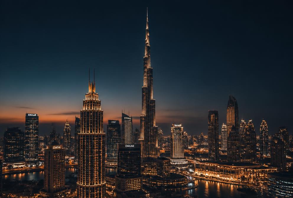 Dubai skyline with Burj Khalifa illuminated at dusk