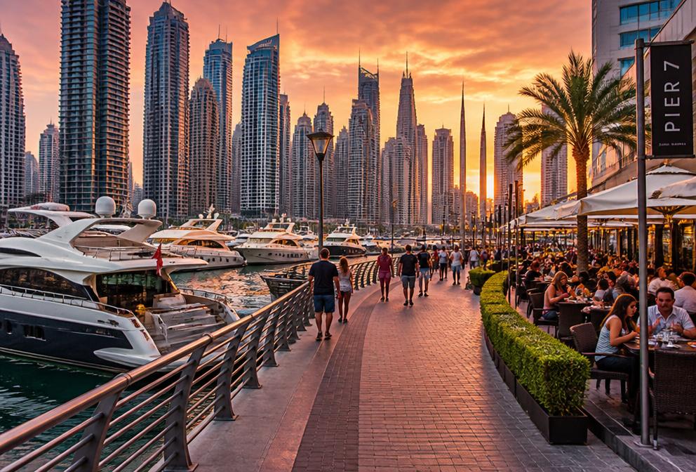 Dubai marina promenade with yachts and restaurants at sunset